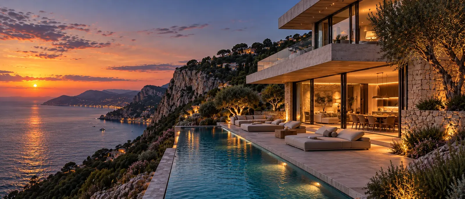 A modern villa terrace and infinity pool at dusk